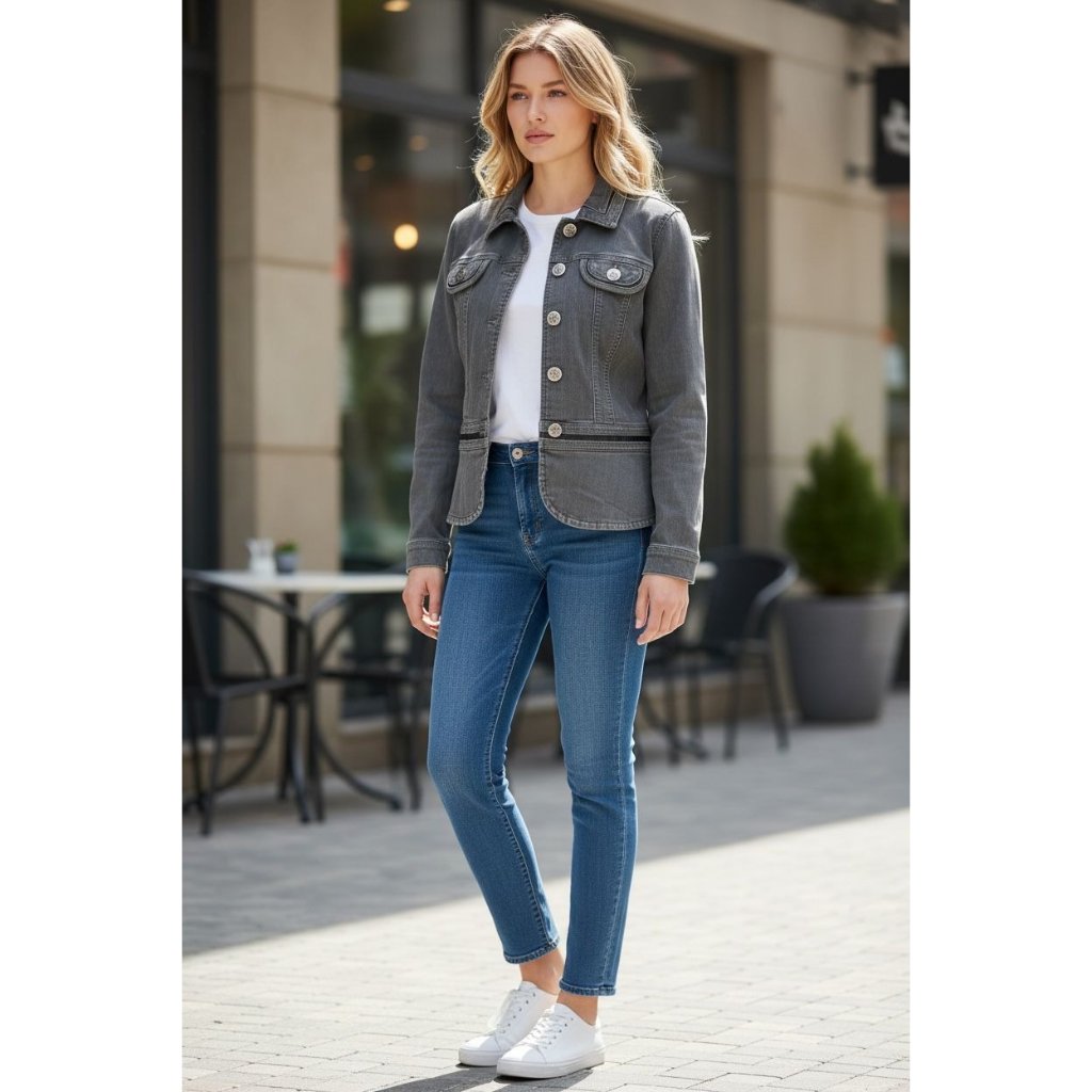 White House Black Market Womens 8 Gray Denim Coated Jacket Button Stretch